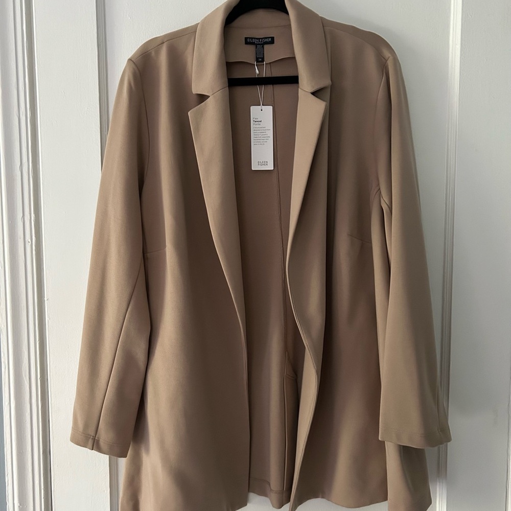 EILEEN FISHER Tan Knit Notch Collar Blazer, Flex Tencel Ponte, Plus Size 3X